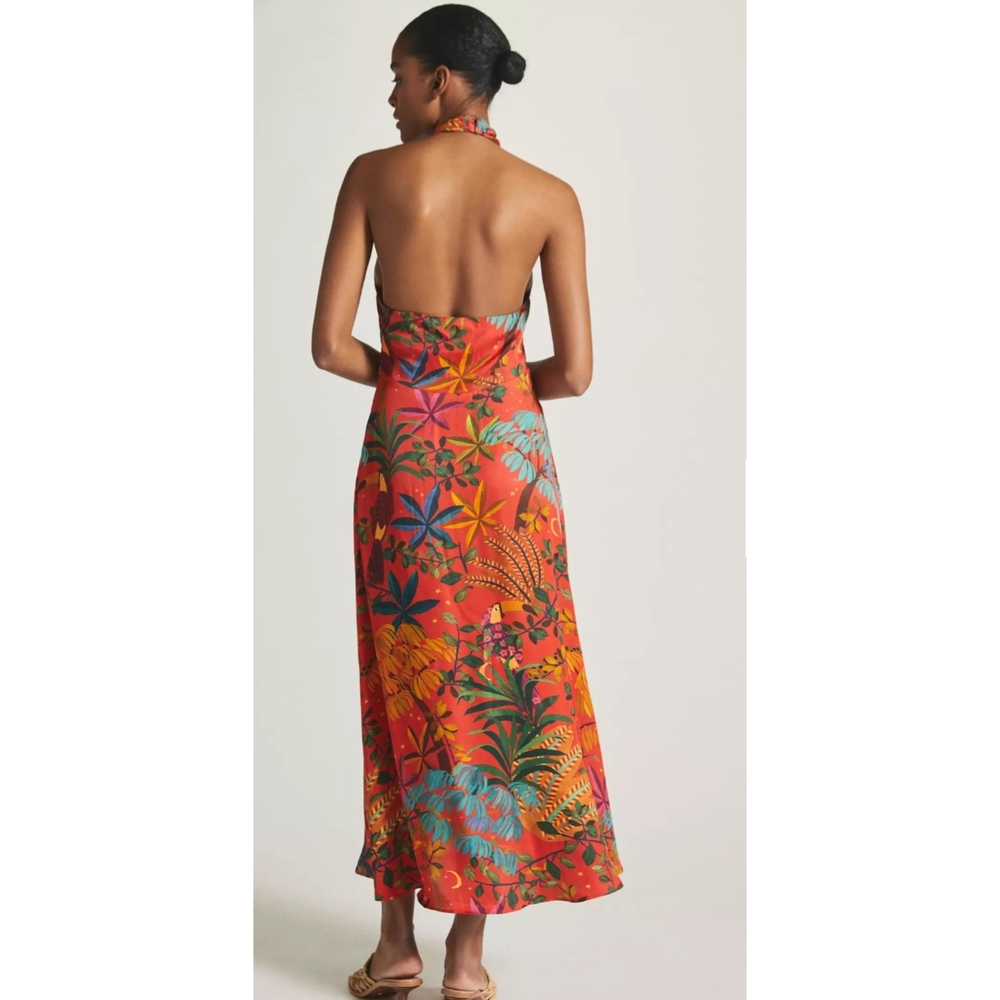 FARM Rio x Anthropologie Red Colorful Halter Slip Dress Small Petite - Picture 3 of 5